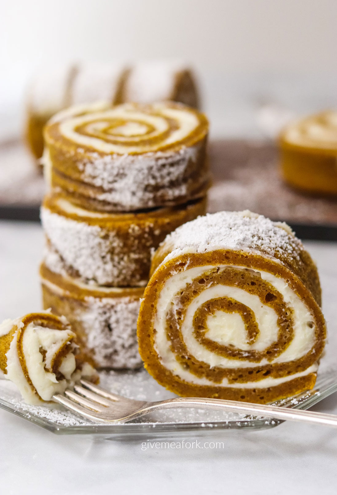 a slice of pumpkin roll up close 