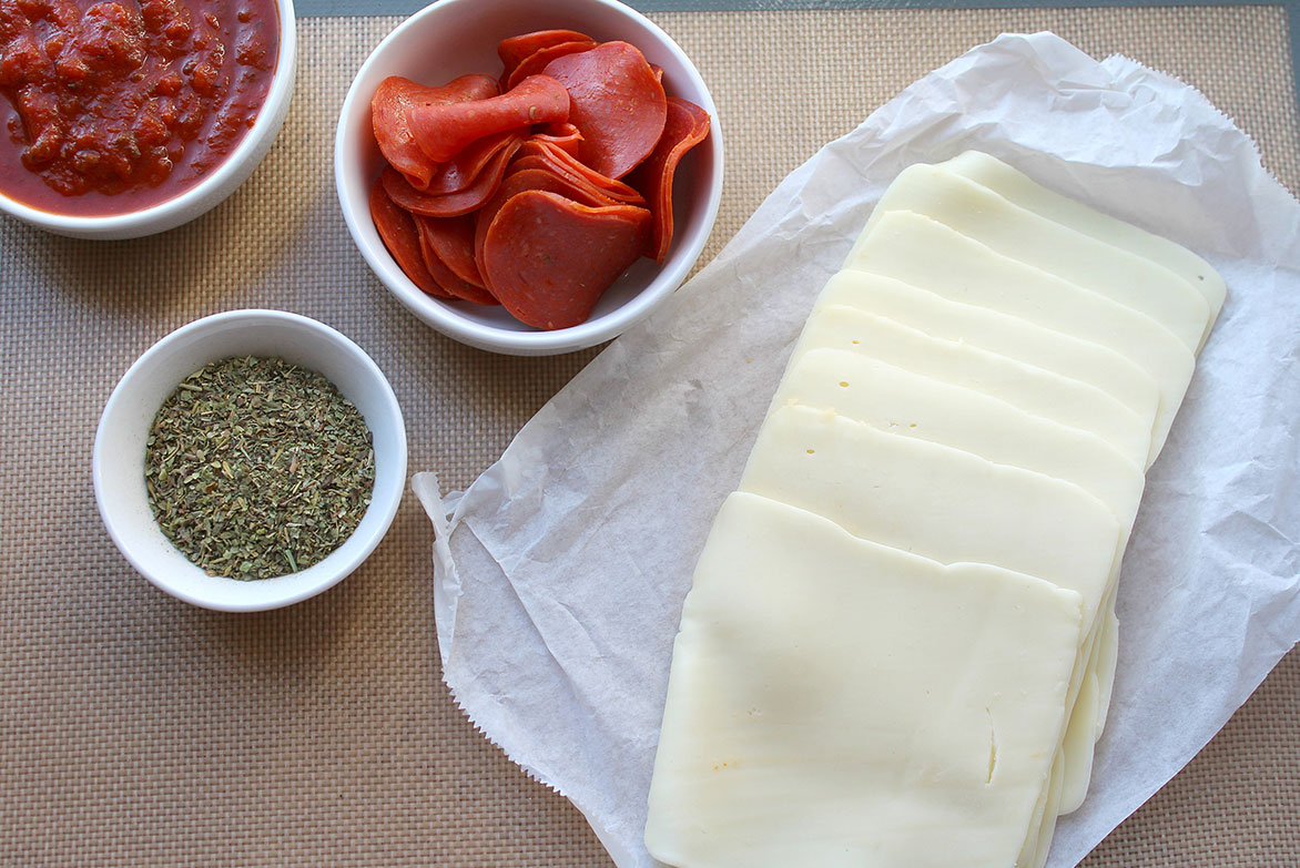 mozzarella cheese, Italian seasoning, pepperonis, and marinara sauce. 