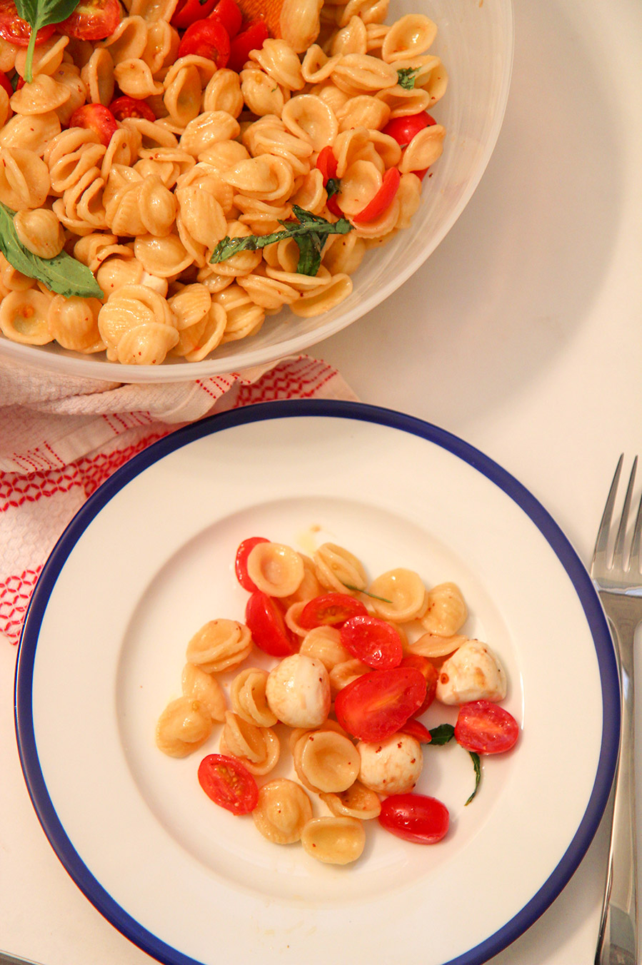 a small white and blue plate with pasta and a large bowl with pasta in the background. 