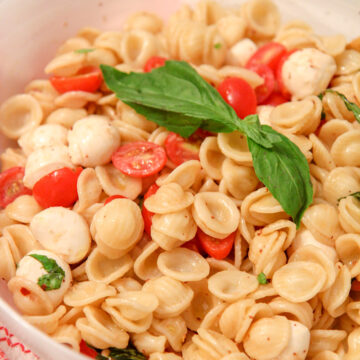 orecchiette pasta, tomatoes, mozzarella, and basil in a big bowl with a red and white towel on the side.