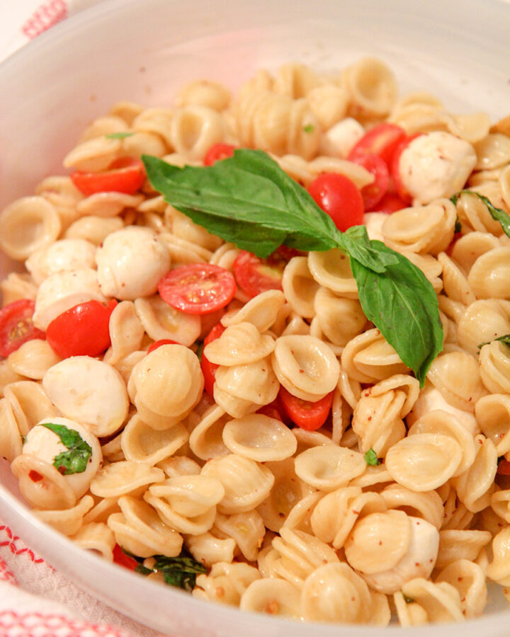 orecchiette pasta, tomatoes, mozzarella, and basil in a big bowl with a red and white towel on the side.