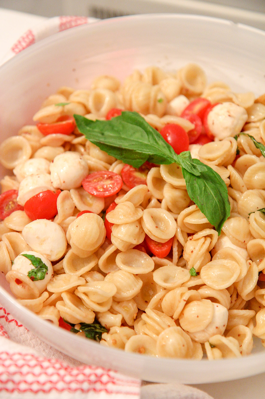 orecchiette pasta, tomatoes, mozzarella, and basil in a big bowl with a red and white towel on the side. 