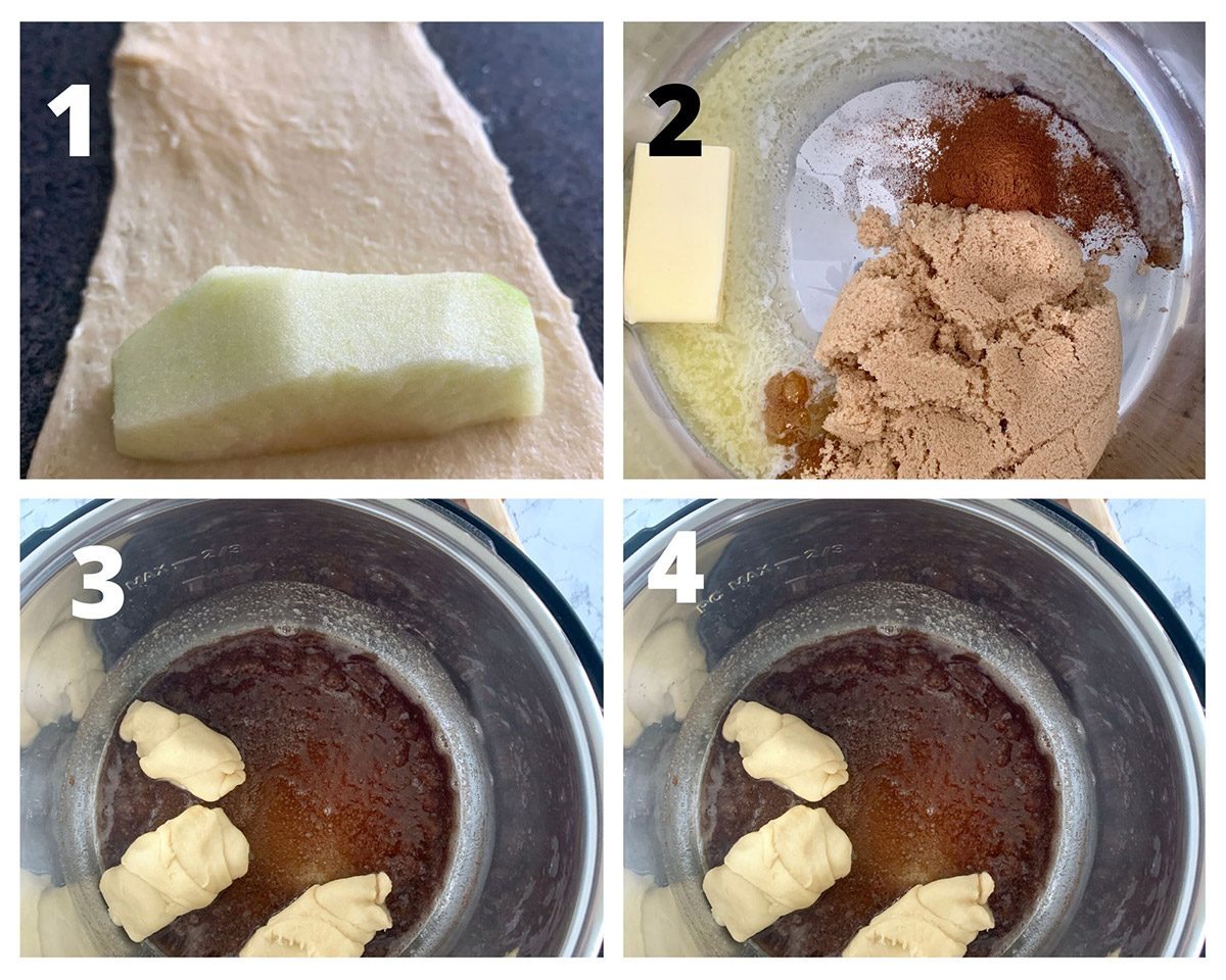 a collage with four photos showing crecent rolls with apples, and a caramel sauce inside the instant pot. 