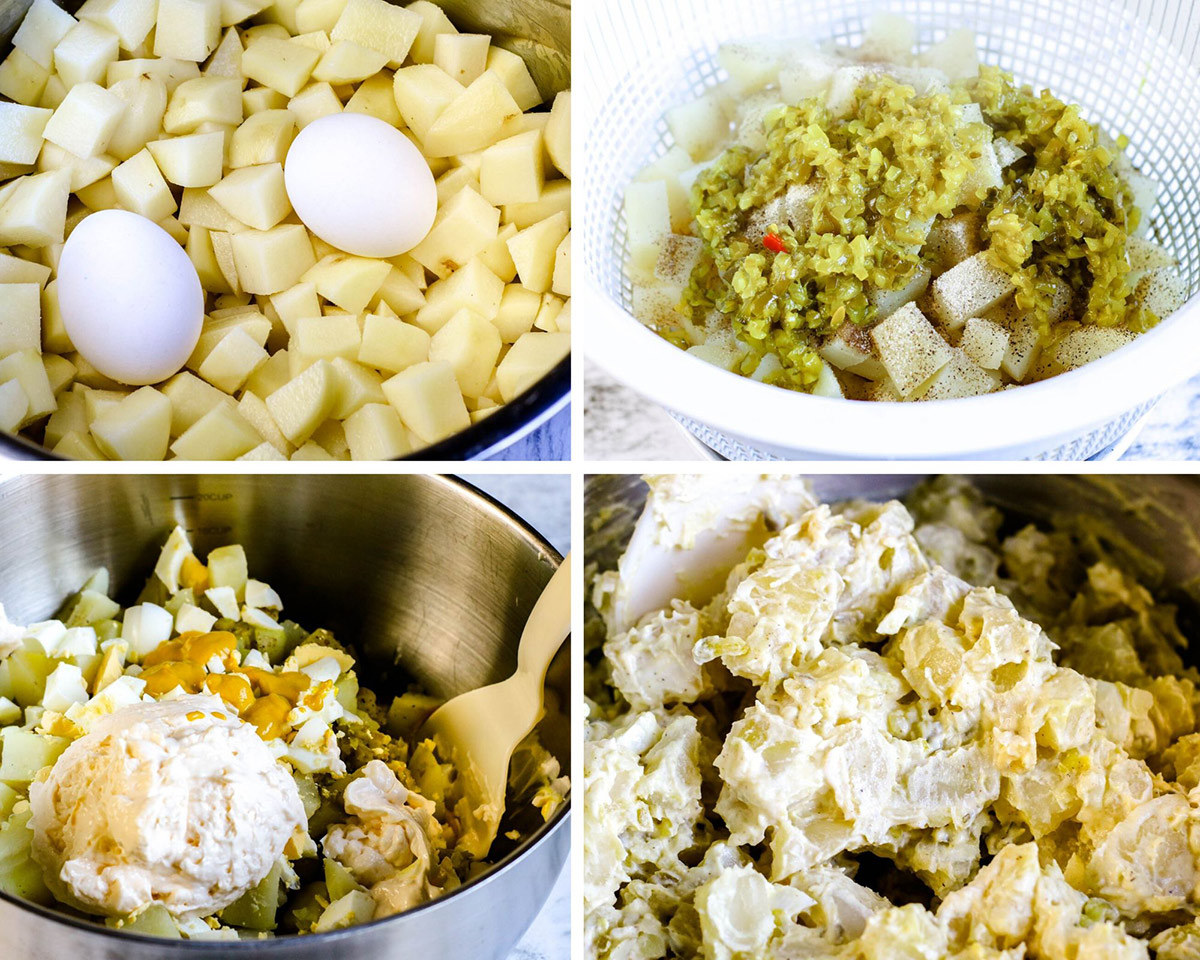 A collage with four photos,showing how to make potato salad in the instant pot step by step. 