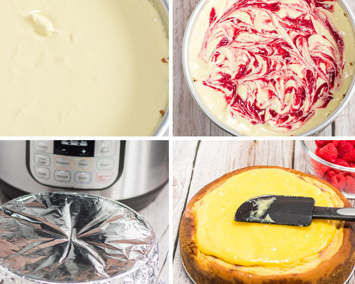 a collage with four photos. Cheesecake batter in a springform pan, raspberry swirl cheesecake batter, aluminum foil covering a springform pan, and a baked cheesecake with lemon topping and a spatula. 