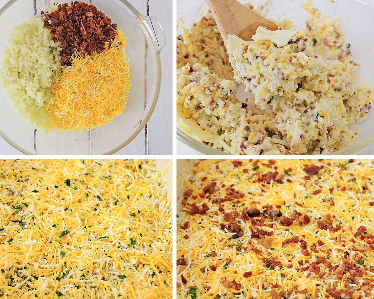 a photo collage with four photos. One photo showing cheese, bacon, and cauliflower rice in a glass bowl, cauliflower mixture with a wooden spoon in a bowl, cauliflower mixture in a casserole dish with cheese and bacon on top. 