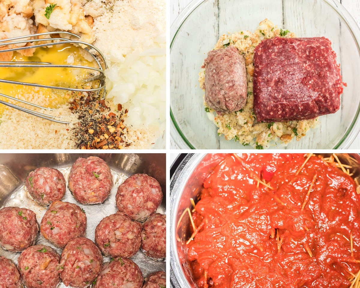 a collage with four photos. A photo of a whisk with breadcrumbs, seasonings, and an egg in a bowl, a bowl with breadcrumb mixture and raw meat, a photo with formed meatballs frying, and a pot with marinara sauce and raw spaghetti. 