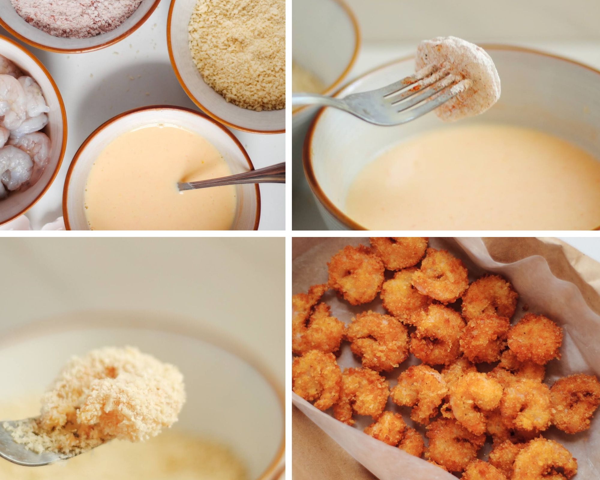 A collage with four photos, a photo with egg mixture, raw shrimp, bread crumbs, and flour. Two photos showing the shrimp being coated in egg and breadcrumbs. One photo showing a sheet pan with fried shrimp.