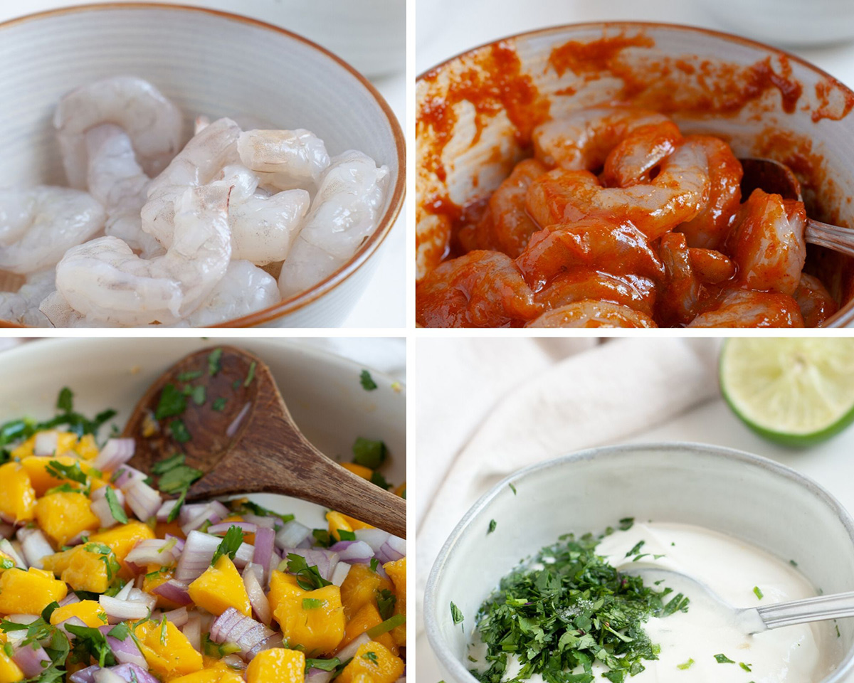 A collage with four photos showing a small white bowl with raw shrimp, one with marinated red shrimp, a bowl of mango salsa, and a bowl of white sauce with cilantro and a lime on the side. 