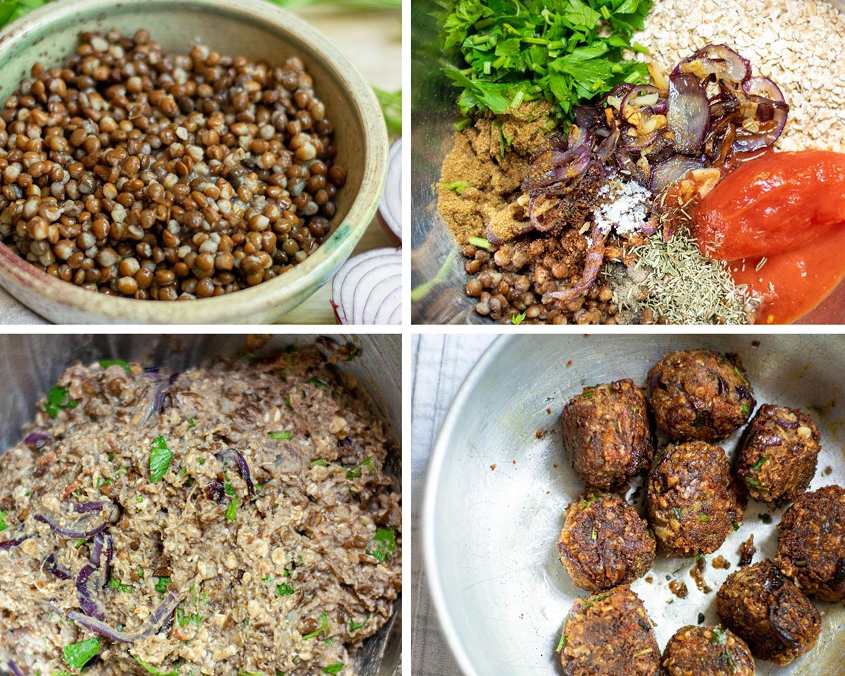 a collage with four photos. A bowl with canned lentils, a bowl with lentils, parsley, tomato, shallots, and garlic, a bowl with the ingredients mixed, and formed cooked meatballs in a skillet.