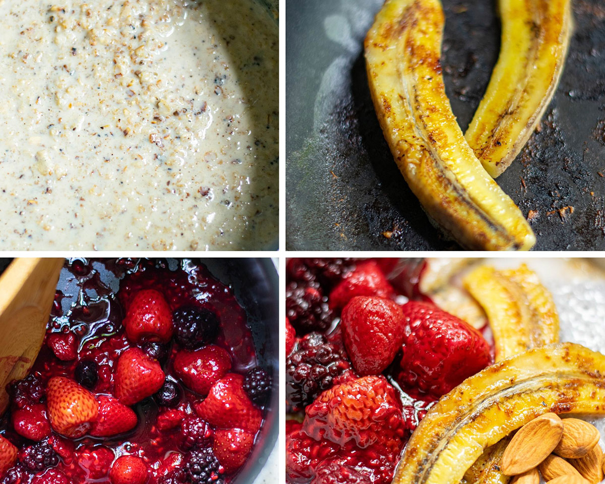 a photo collage with four photos. A photo with oats, a photo with 2 bananas in a skillet, a saucepan with mixed berries, and a final photo with oats, bananas, nuts, and berries in a bowl. 