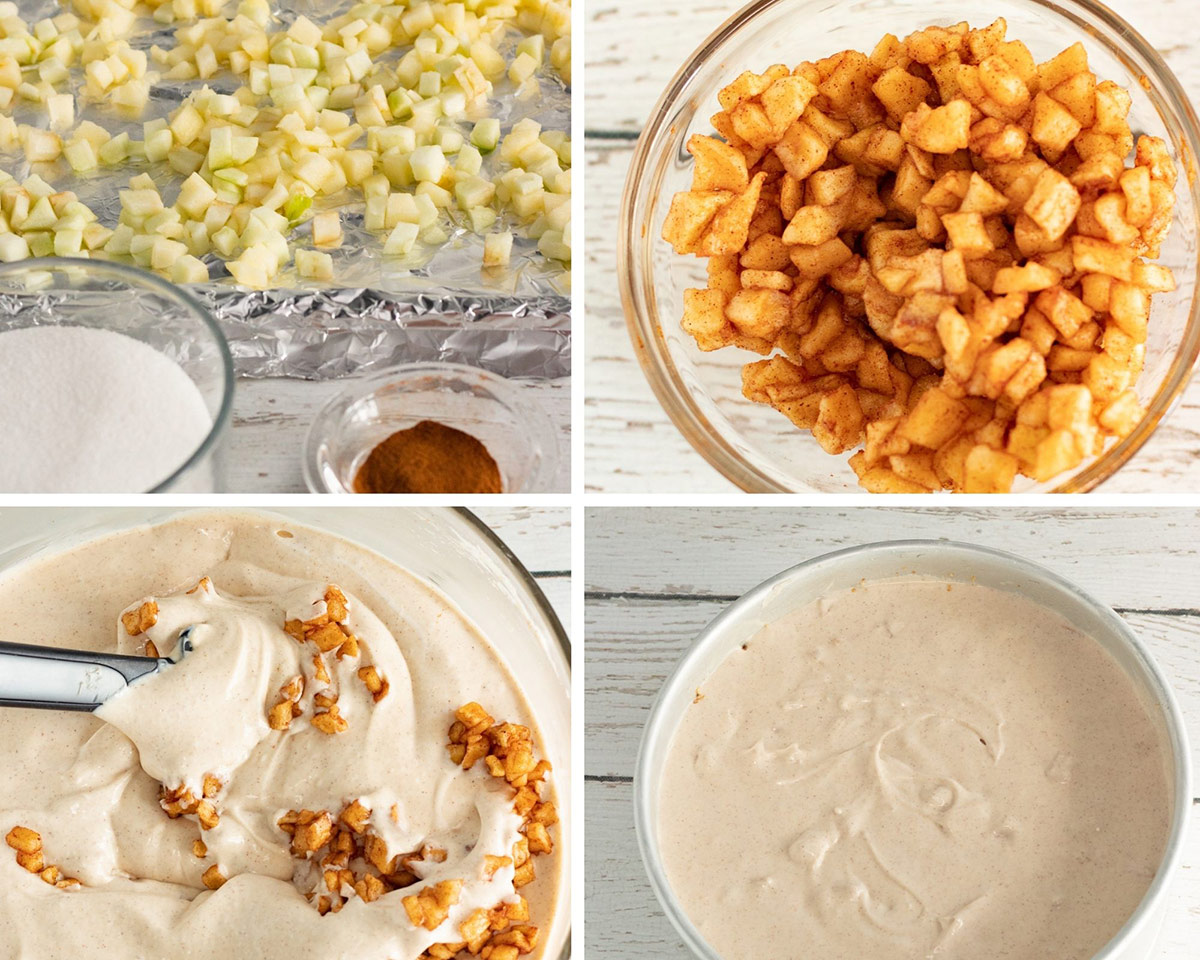 collage with four photos. a baking sheet with diced apples, apples in a bowl, cheesecake filling in a bowl, and cheesecake filling in a springform pan.