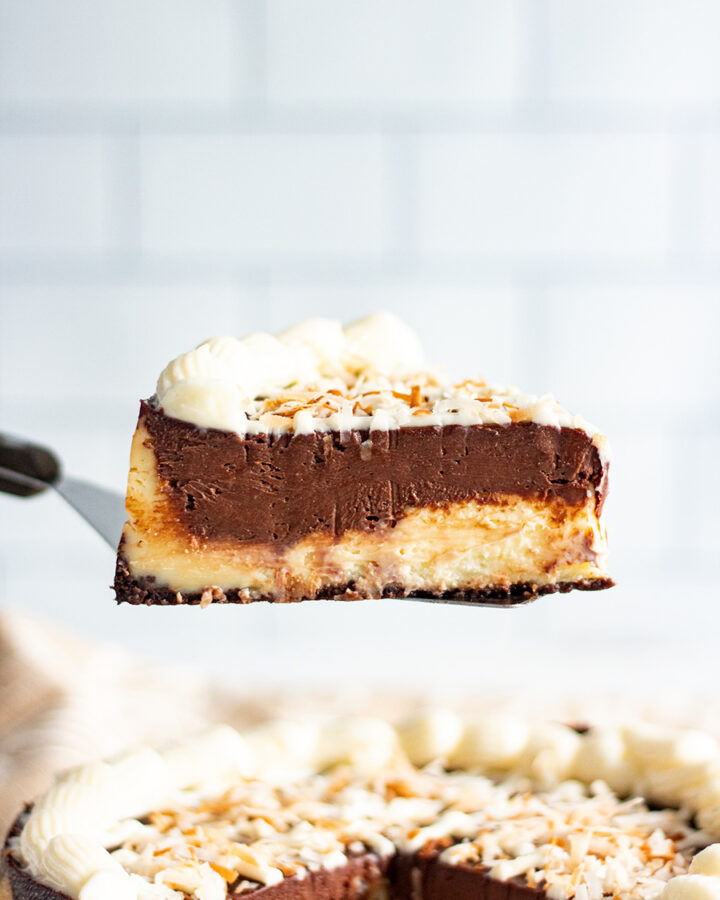 a slice of mounds cheesecake up close.