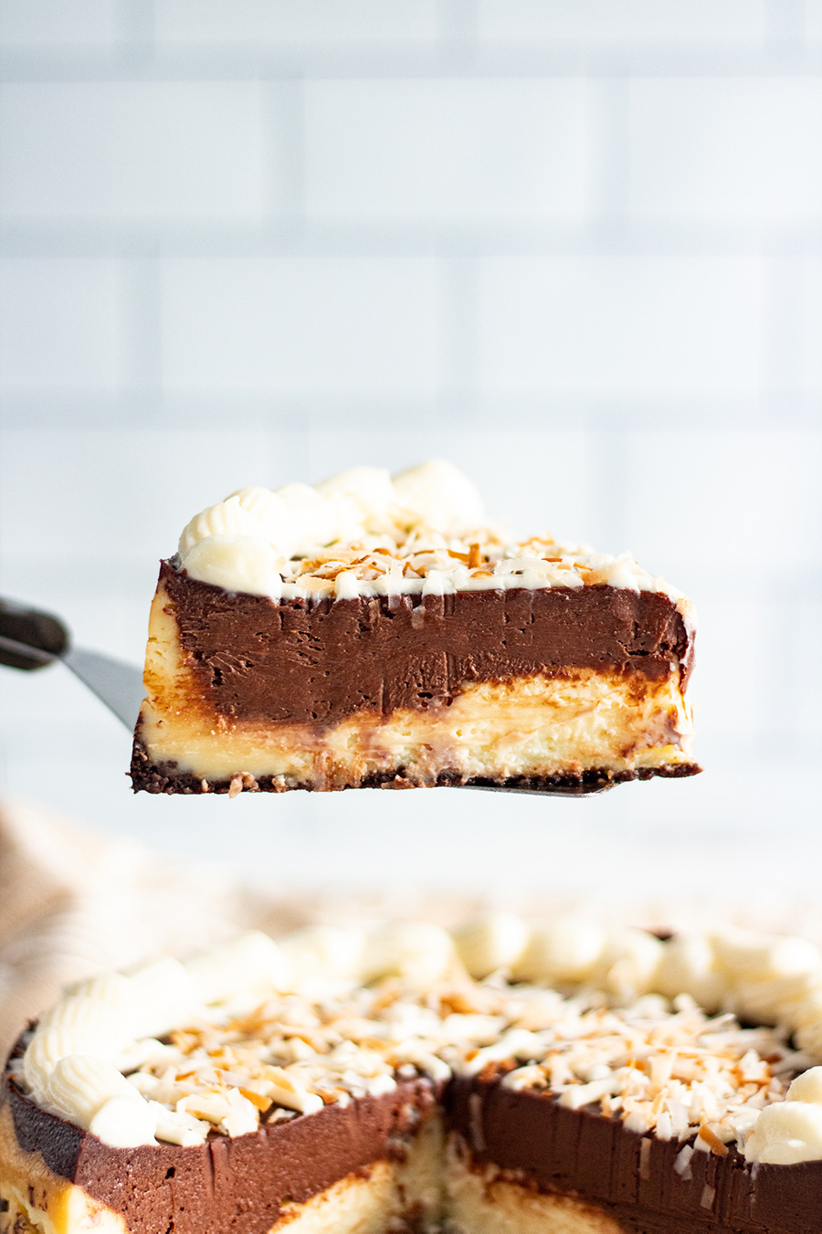 a slice of mounds cheesecake up close. 