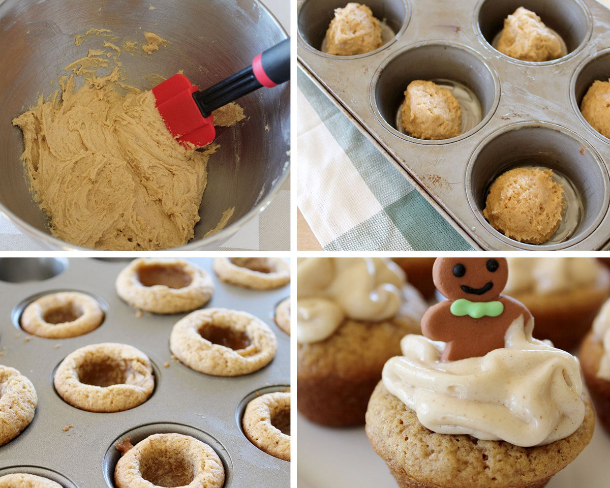 a collage with four photos showing how to make gingerbread cookie cups. Cookie dough in a bowl, a muffin tin filled with cookie dough, baked cookie dough with a well in the center, and a baked cookie cup with cheesecake filling and gingerbread cookie on top. 