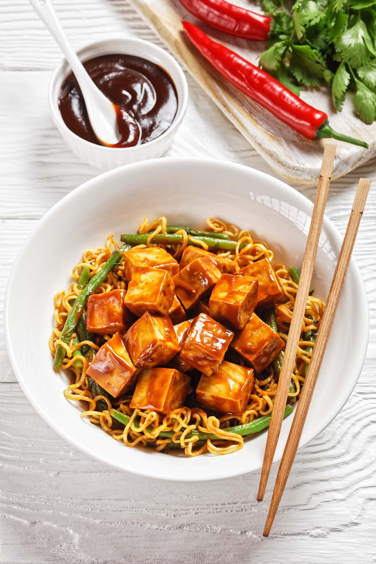 vegan tofu and ramen in a white bowl.