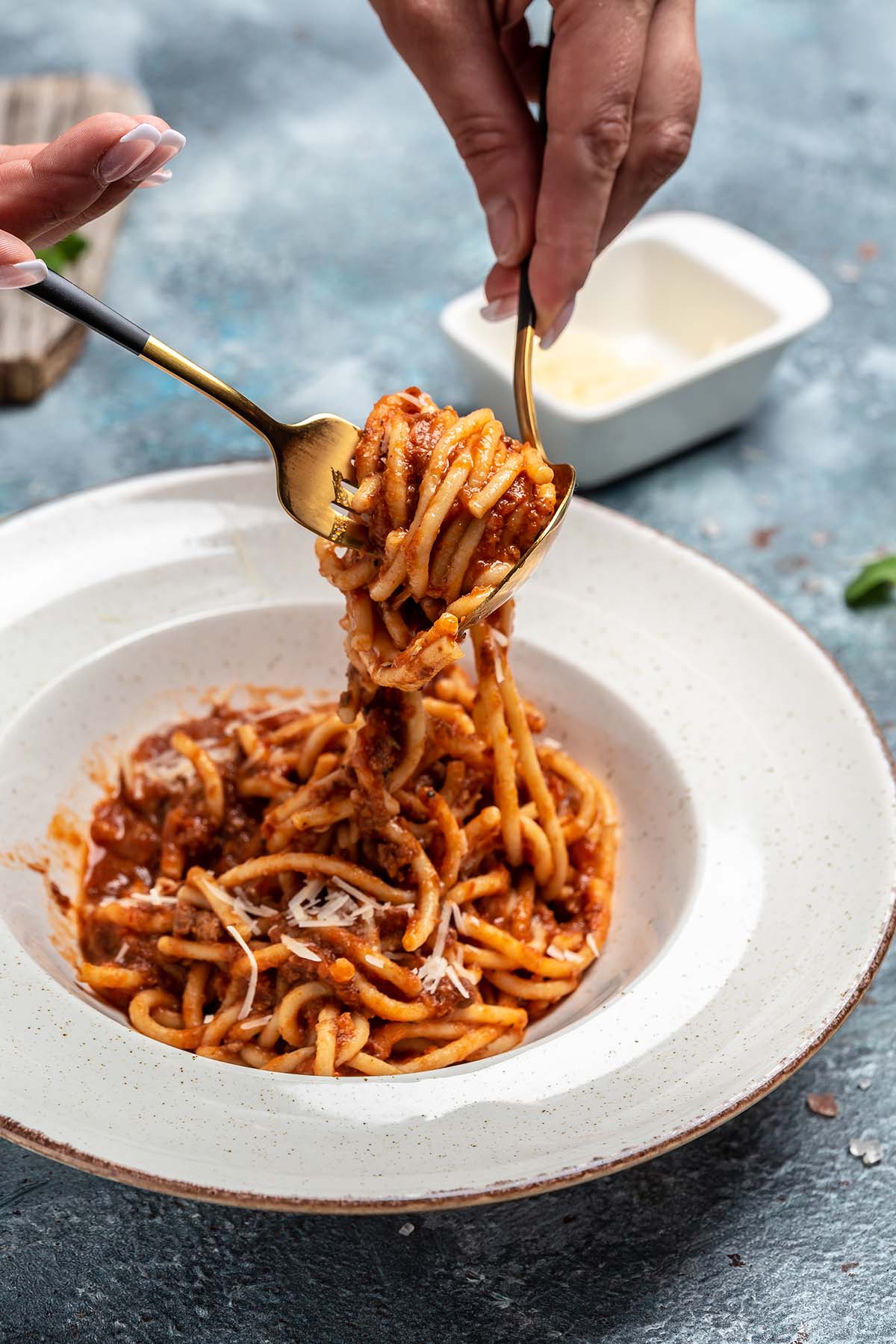 pork mince spaghetti in a bowl. 