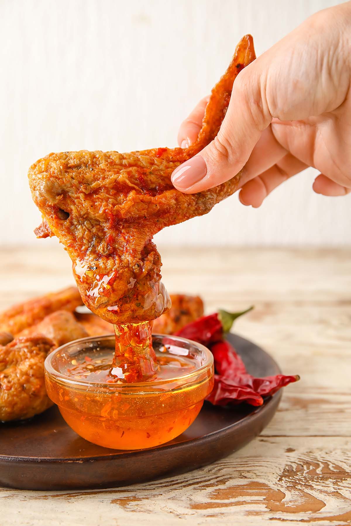 fried chicken dipped in hot honey sauce.