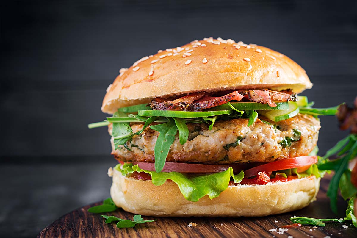 Air fryer turkey burger up close.