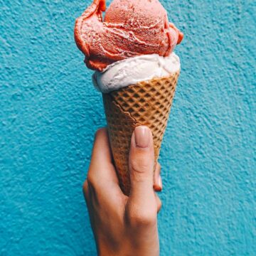 Two scoops of ninja creami ice cream on a cone.