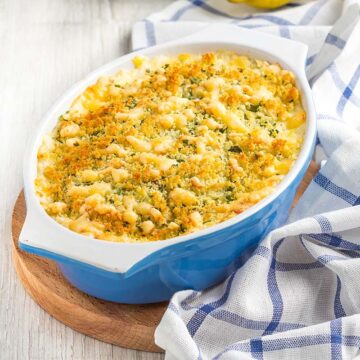 chicken casserole in a blue baking dish.