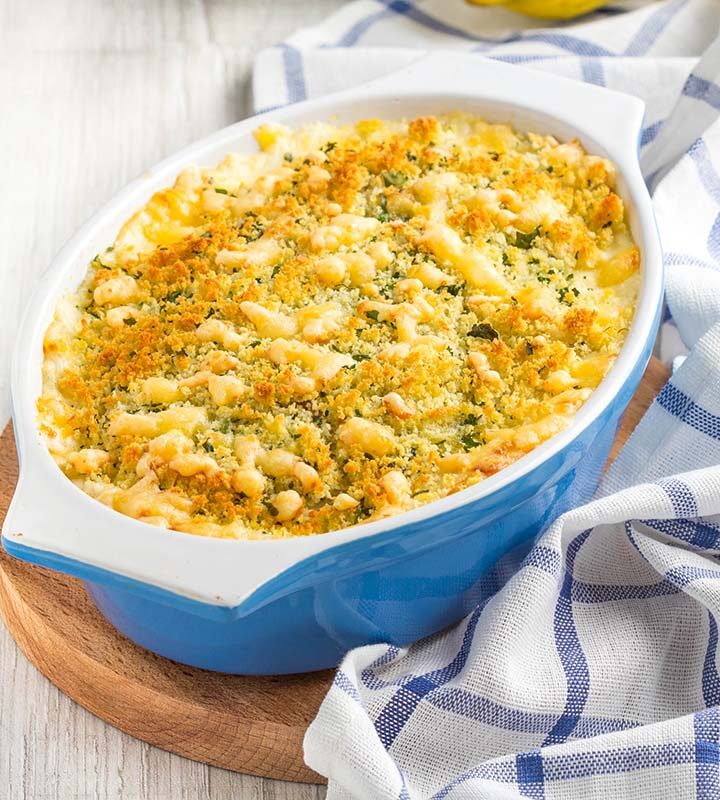 chicken casserole in a blue baking dish.