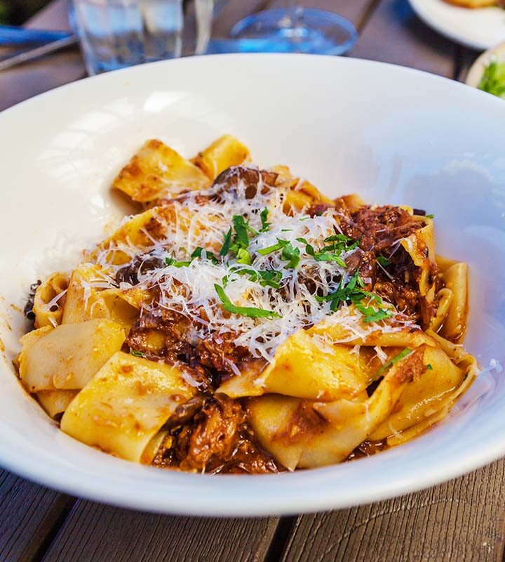 short rib pasta in a white plate.