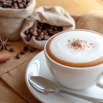 a nespresso cappuccino in a white cup.
