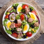 low carb tuna salad with hard boiled eggs and red onions.