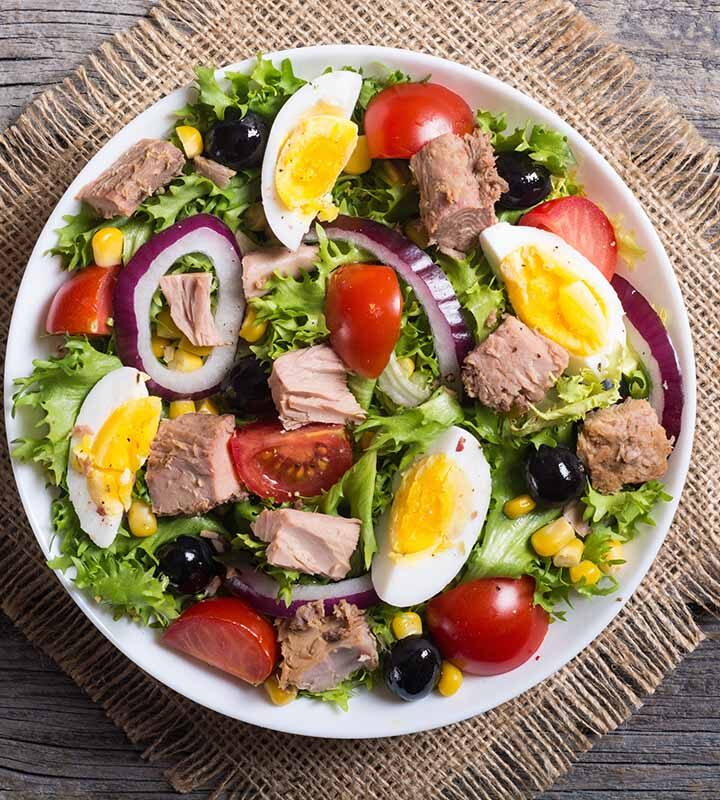 low carb tuna salad with hard boiled eggs and red onions.