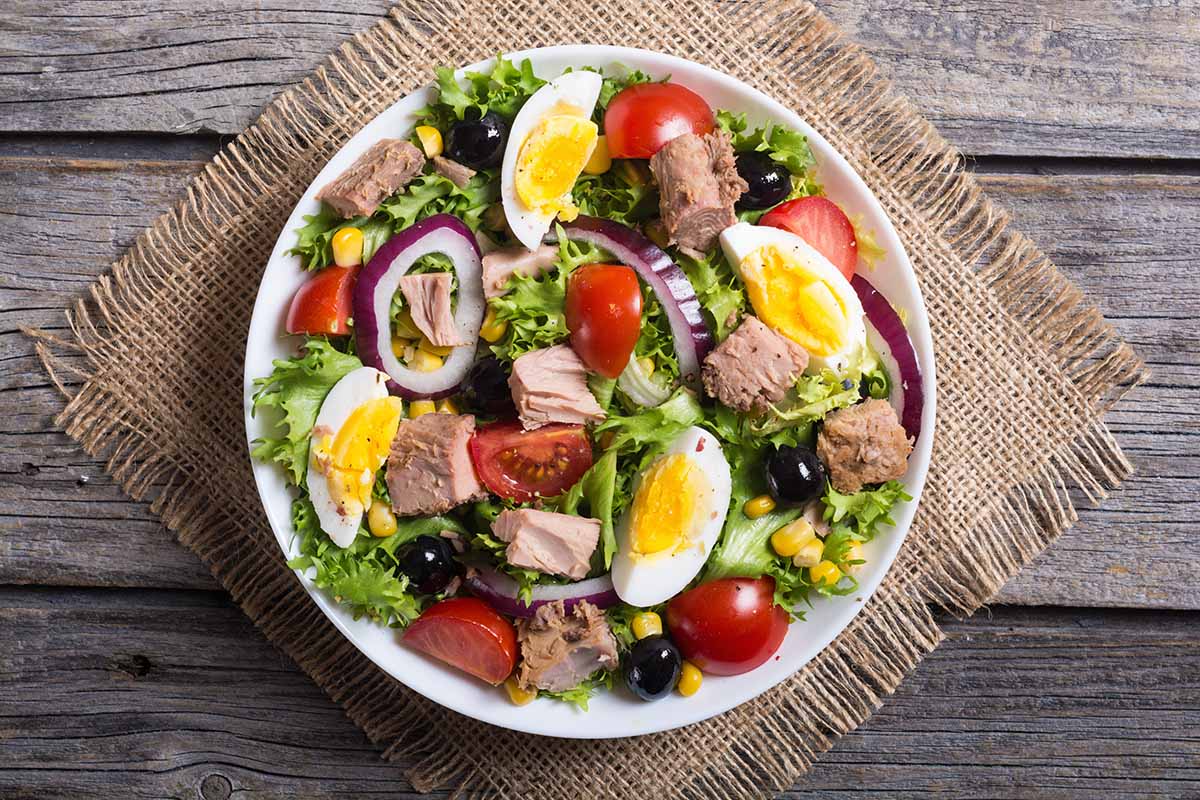 low carb tuna salad with hard boiled eggs and red onions.